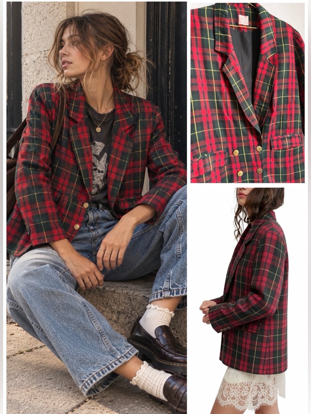Vintage Plaid Double-Breasted Blazer Tweed Tartan Gold Buttons Academia